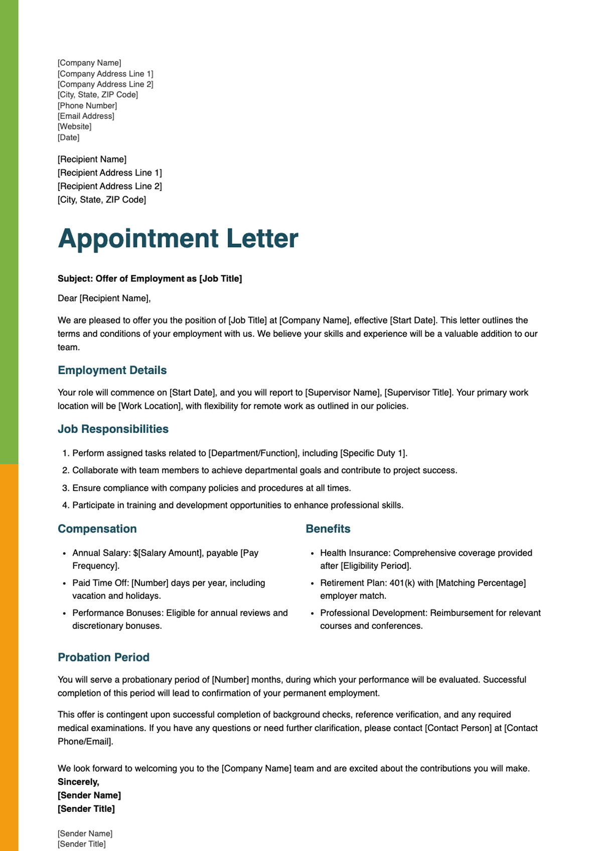 Sample appointment letter format template with placeholders for job details and compensation_variant_2